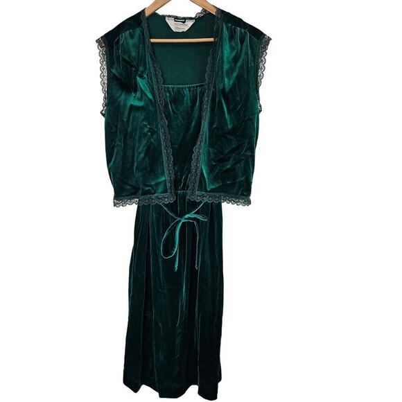 Vintage JCPenny Velvet Dress Size Small 80s Green w/Jacket Lace Glam Rock Party - Picture 1 of 11